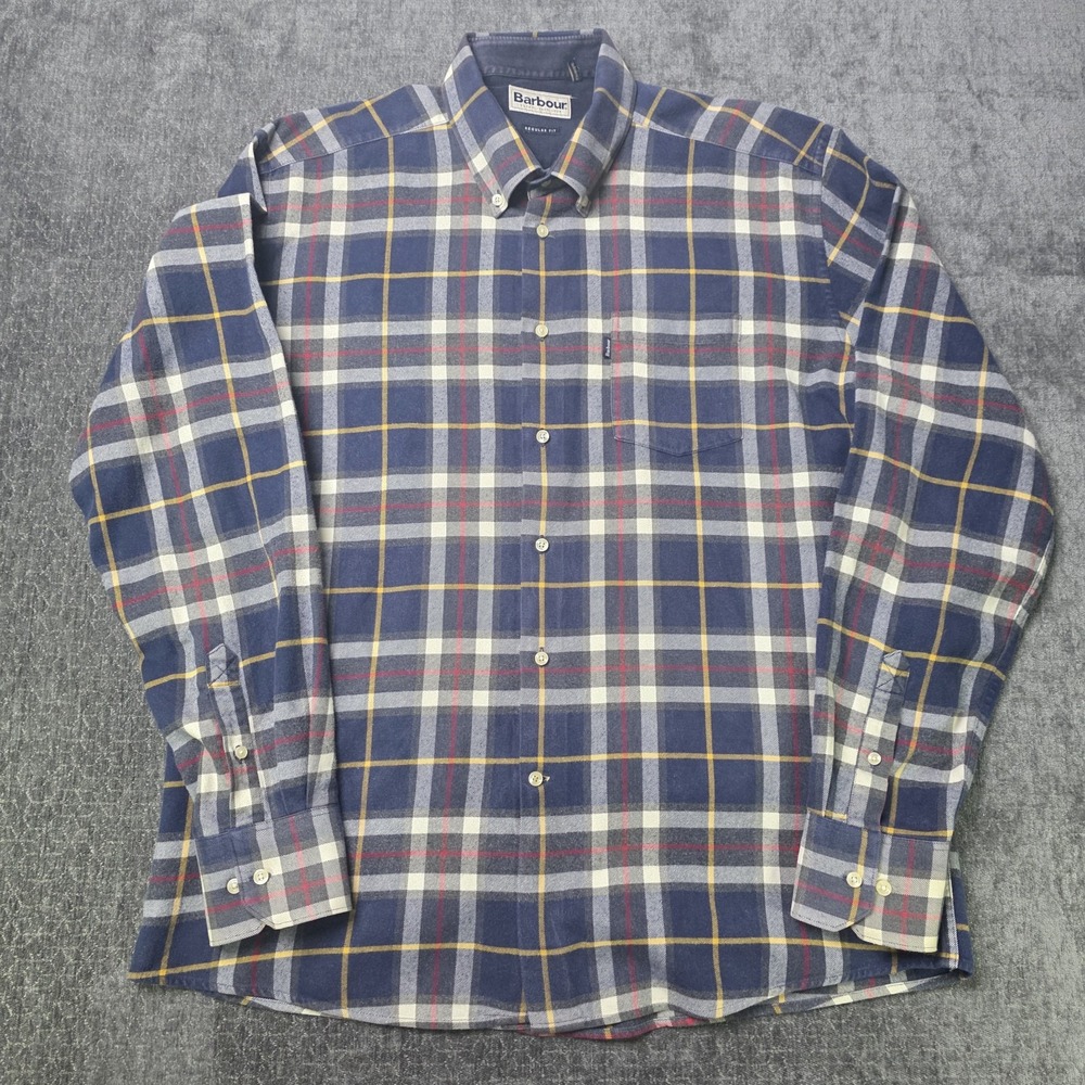 Barbour Plaid Flannel Shirt Mens Large Navy Blue Outdoor Preppy Cotton Regular L